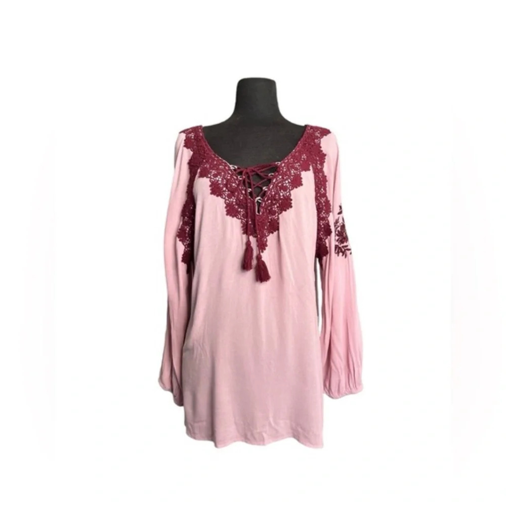 Given Kale Floral Bohemian Embroidered Pink  Long sleeve Blouse  l